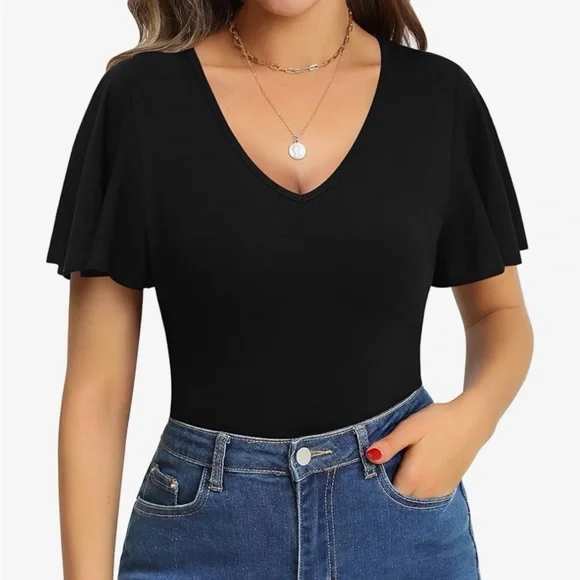 Mangopop XL black V-Neck Bodysuit Flutter Sleeves Stretch - Picture 4 of 9